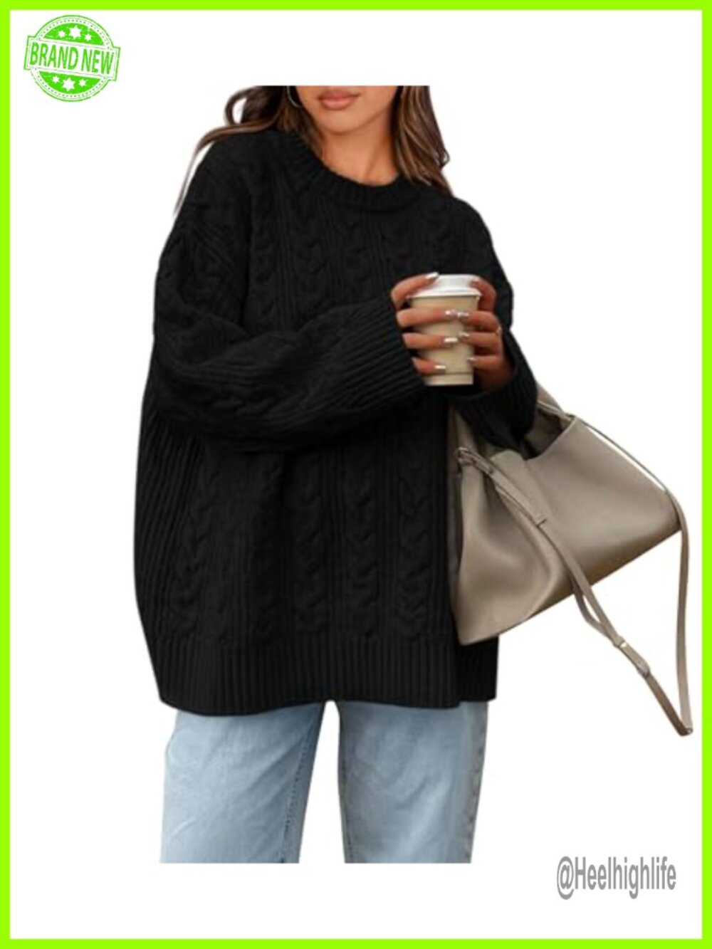 Oversized Cable Knit Crewneck Sweater Chunky Pullover Cozy